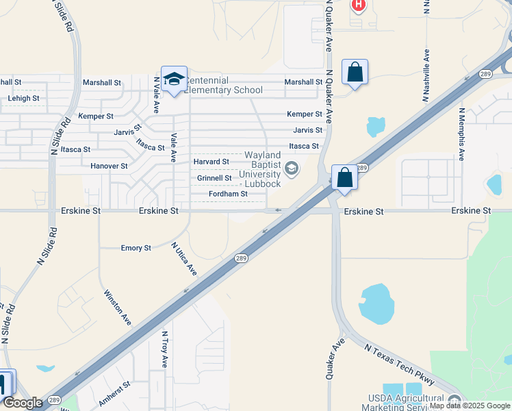 map of restaurants, bars, coffee shops, grocery stores, and more near 4603 Fordham Street in Lubbock