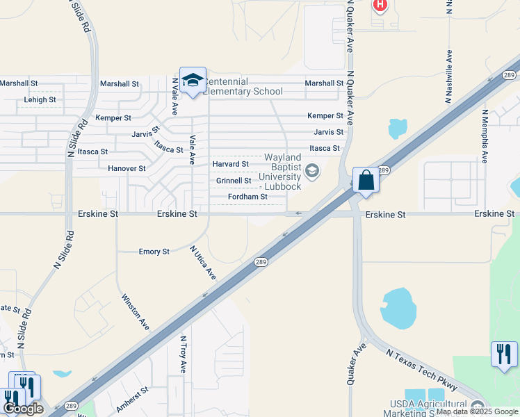 map of restaurants, bars, coffee shops, grocery stores, and more near 4603 Fordham Street in Lubbock