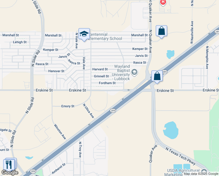 map of restaurants, bars, coffee shops, grocery stores, and more near 4621 Fordham Street in Lubbock