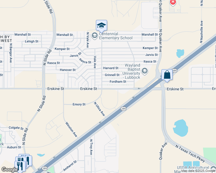 map of restaurants, bars, coffee shops, grocery stores, and more near 4635 Fordham Street in Lubbock