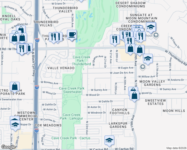 map of restaurants, bars, coffee shops, grocery stores, and more near 2220 West Joan De Arc Avenue in Phoenix