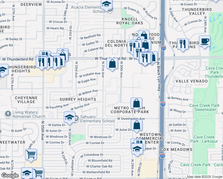 map of restaurants, bars, coffee shops, grocery stores, and more near 3045 West Thunderbird Road in Phoenix