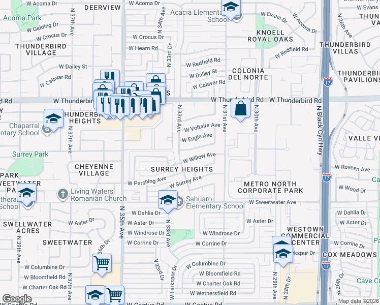 map of restaurants, bars, coffee shops, grocery stores, and more near 3218 West Joan De Arc Avenue in Phoenix