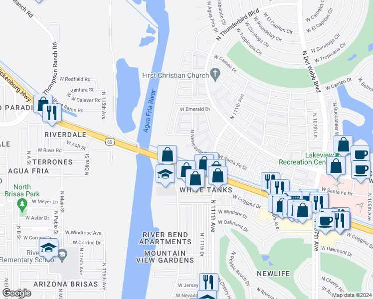 map of restaurants, bars, coffee shops, grocery stores, and more near 13638 North Newcastle Drive in Sun City