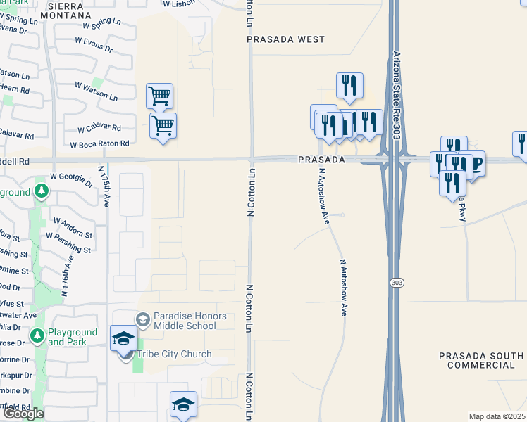 map of restaurants, bars, coffee shops, grocery stores, and more near 12975-13621 North Cotton Lane in Surprise