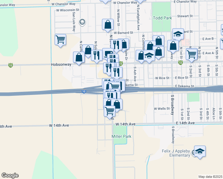 map of restaurants, bars, coffee shops, grocery stores, and more near 201 South Lovekin Boulevard in Blythe