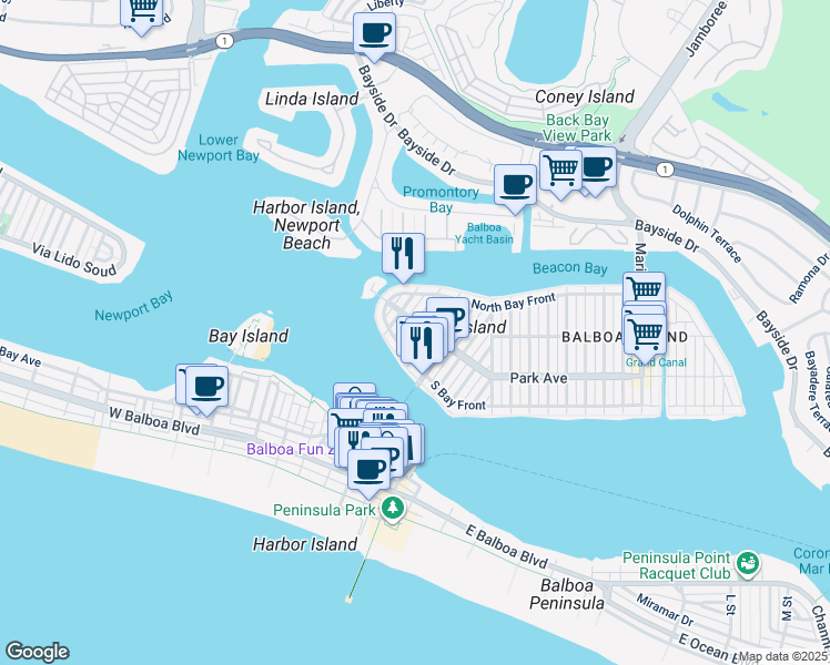 map of restaurants, bars, coffee shops, grocery stores, and more near 200 Garnet Avenue in Newport Beach