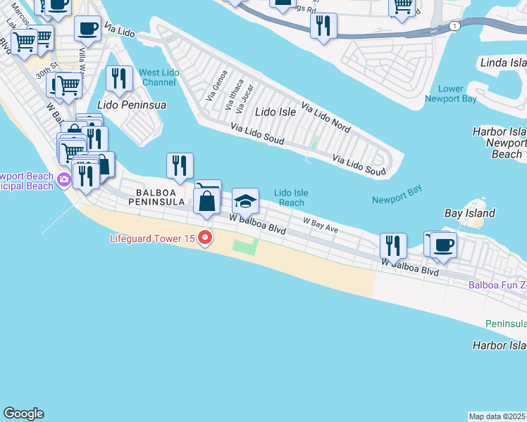 map of restaurants, bars, coffee shops, grocery stores, and more near 1324 West Bay Avenue in Newport Beach