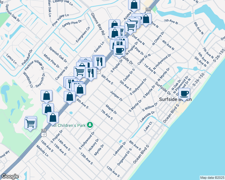 map of restaurants, bars, coffee shops, grocery stores, and more near 718 Juniper Drive in Surfside Beach