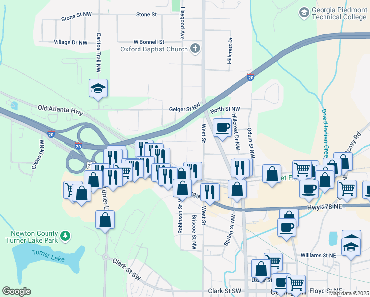 map of restaurants, bars, coffee shops, grocery stores, and more near 6105 Eberhardt Street Northwest in Covington