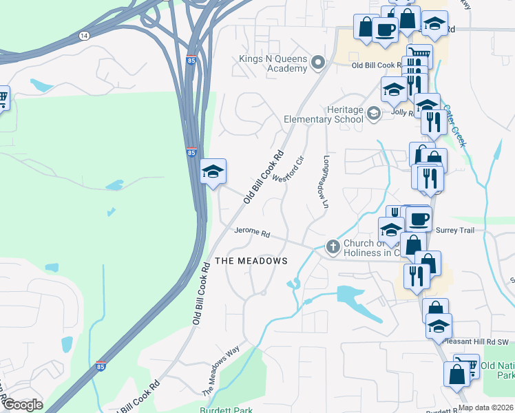 map of restaurants, bars, coffee shops, grocery stores, and more near 5430 Old Bill Cook Road in Atlanta