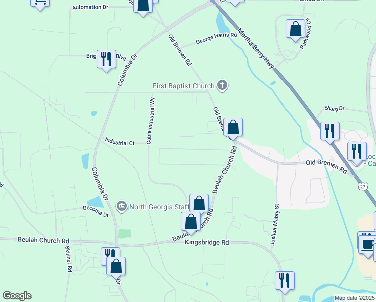 map of restaurants, bars, coffee shops, grocery stores, and more near 125 Terry Terrace in Carrollton