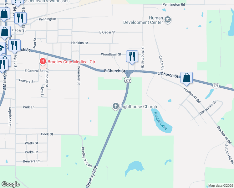 map of restaurants, bars, coffee shops, grocery stores, and more near 1012 East Church Street in Warren