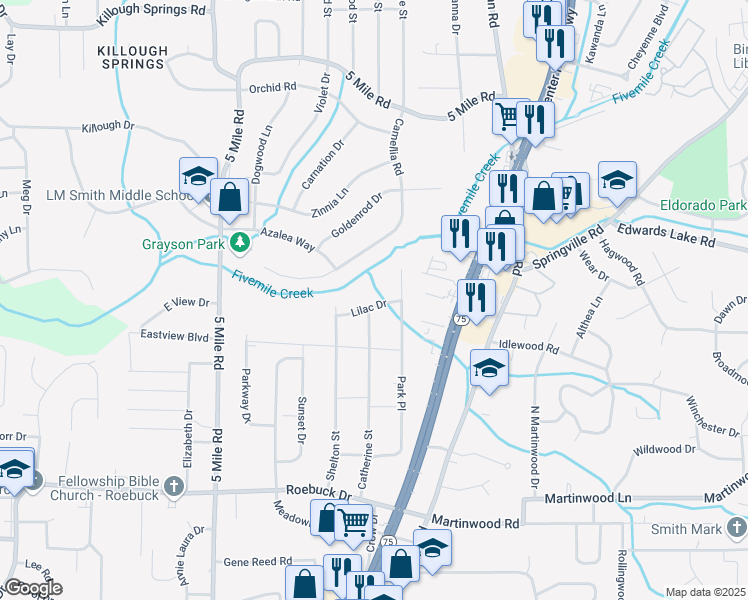 map of restaurants, bars, coffee shops, grocery stores, and more near 524 Lilac Drive in Birmingham