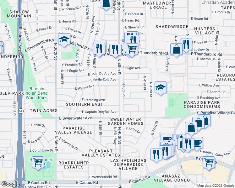 map of restaurants, bars, coffee shops, grocery stores, and more near 3938 East Andorra Drive in Phoenix