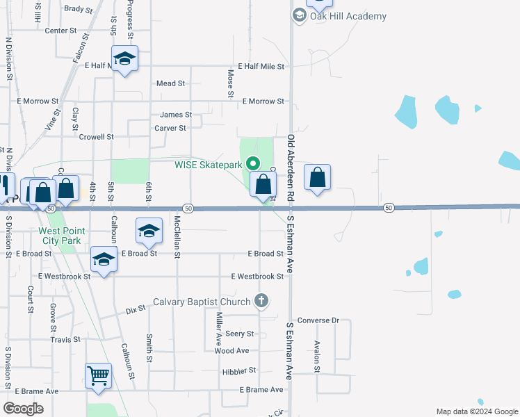 map of restaurants, bars, coffee shops, grocery stores, and more near Mississippi 50 in West Point