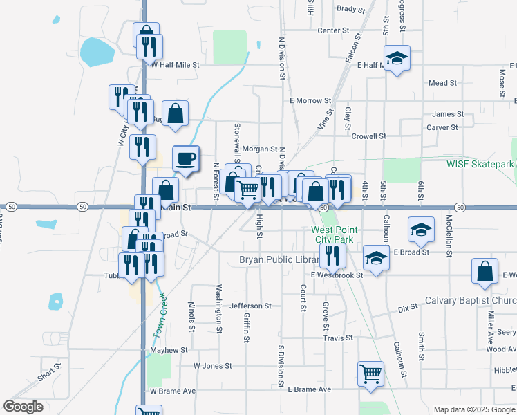 map of restaurants, bars, coffee shops, grocery stores, and more near 200 West Main Street in West Point
