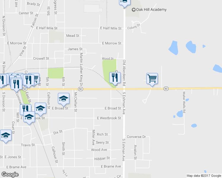 map of restaurants, bars, coffee shops, grocery stores, and more near Highway 50 in West Point