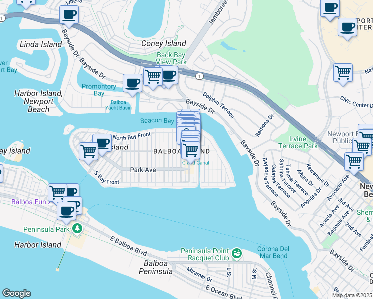 map of restaurants, bars, coffee shops, grocery stores, and more near 310 Marine Avenue in Newport Beach