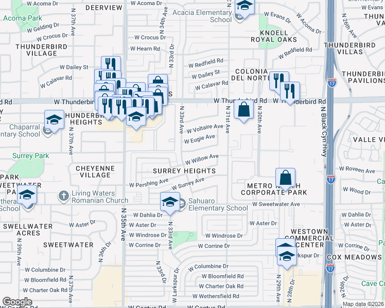 map of restaurants, bars, coffee shops, grocery stores, and more near 3218 West Joan De Arc Avenue in Phoenix