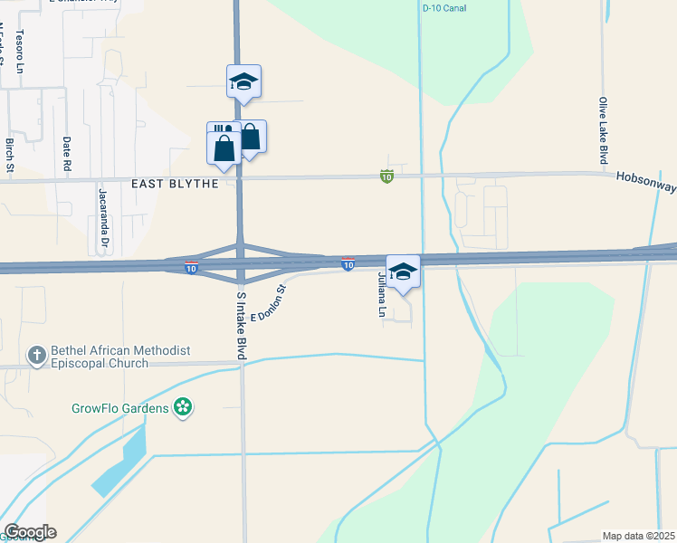 map of restaurants, bars, coffee shops, grocery stores, and more near East Donlon Street in Blythe