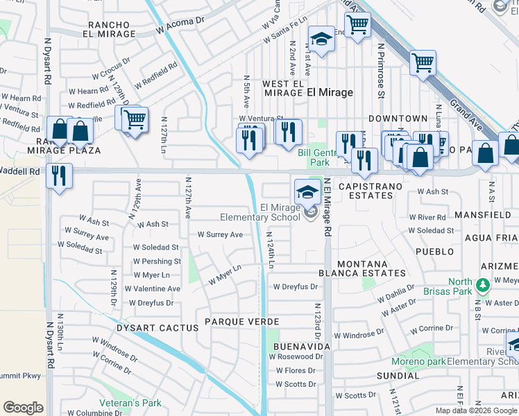 map of restaurants, bars, coffee shops, grocery stores, and more near 12449 West Willow Avenue in El Mirage