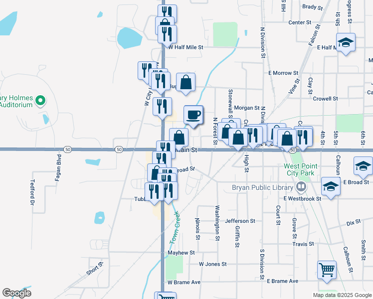 map of restaurants, bars, coffee shops, grocery stores, and more near Mississippi 50 in West Point