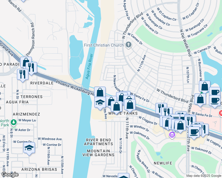 map of restaurants, bars, coffee shops, grocery stores, and more near 13638 North Newcastle Drive in Sun City