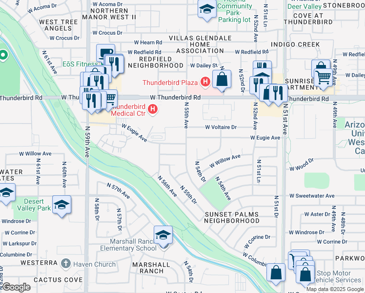 map of restaurants, bars, coffee shops, grocery stores, and more near 5501 West Eugie Avenue in Glendale