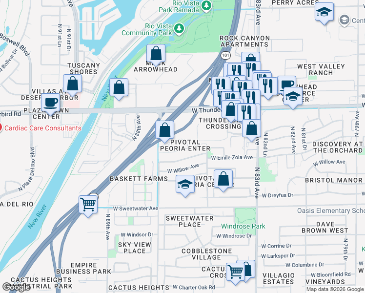 map of restaurants, bars, coffee shops, grocery stores, and more near 13675 North 85th Lane in Peoria