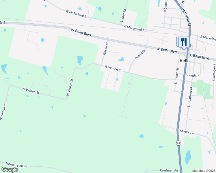 map of restaurants, bars, coffee shops, grocery stores, and more near 404 Sunshine Trail in Bells