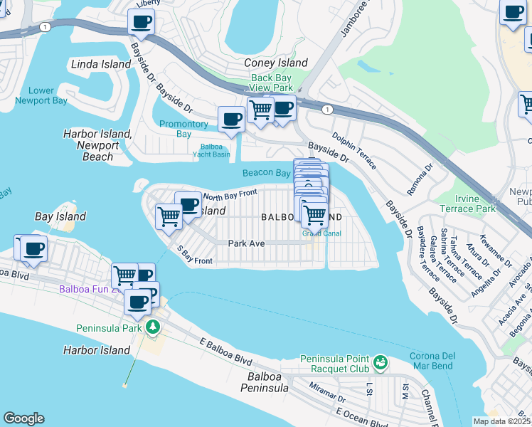 map of restaurants, bars, coffee shops, grocery stores, and more near 300 Coral Avenue in Newport Beach