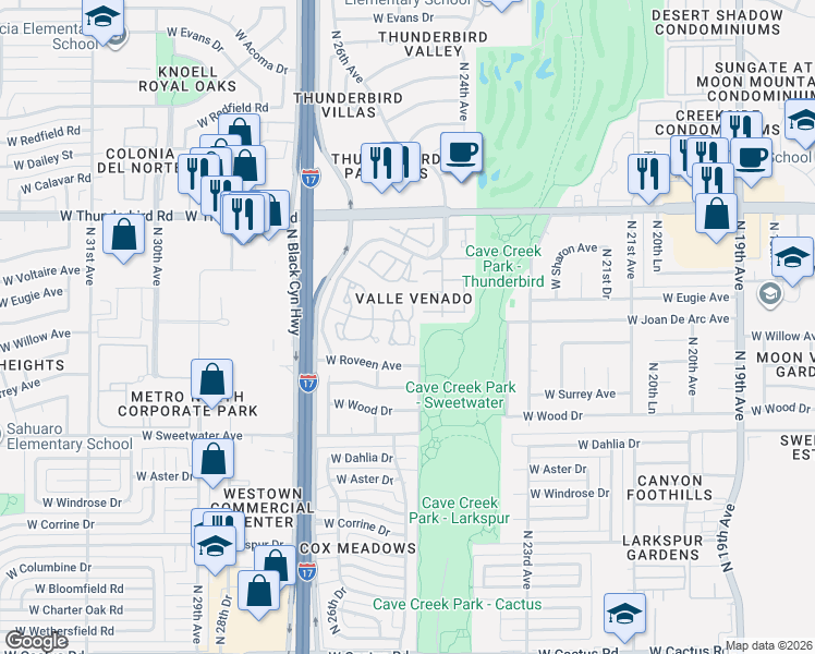 map of restaurants, bars, coffee shops, grocery stores, and more near 13241 North 25th Lane in Phoenix