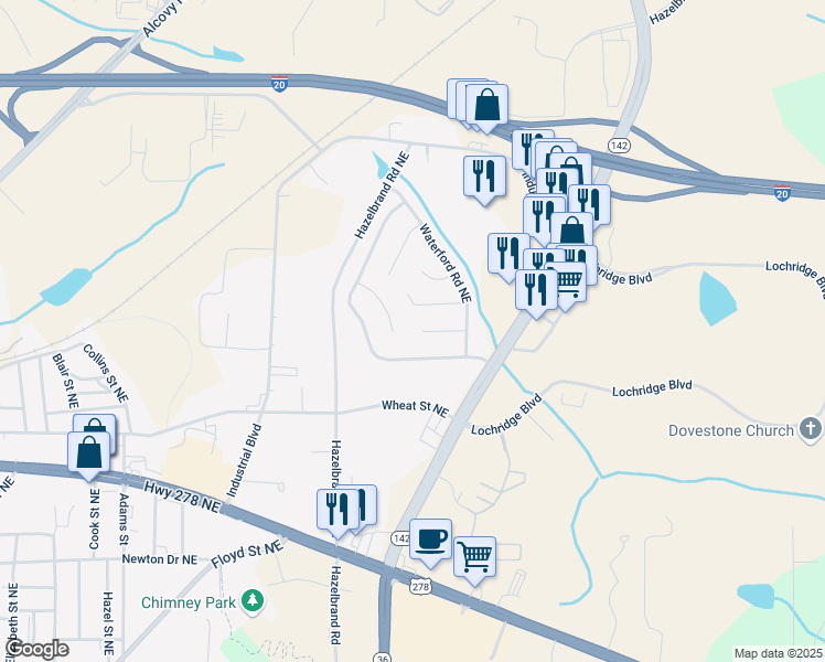 map of restaurants, bars, coffee shops, grocery stores, and more near 10125 Broken Branch Court in Covington