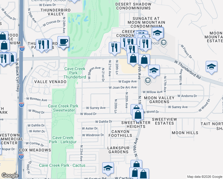 map of restaurants, bars, coffee shops, grocery stores, and more near 2102 West Joan De Arc Avenue in Phoenix