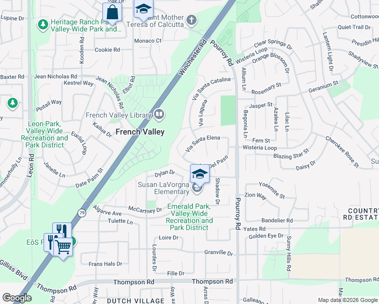 map of restaurants, bars, coffee shops, grocery stores, and more near 31791 Corte Los Feliz in Winchester
