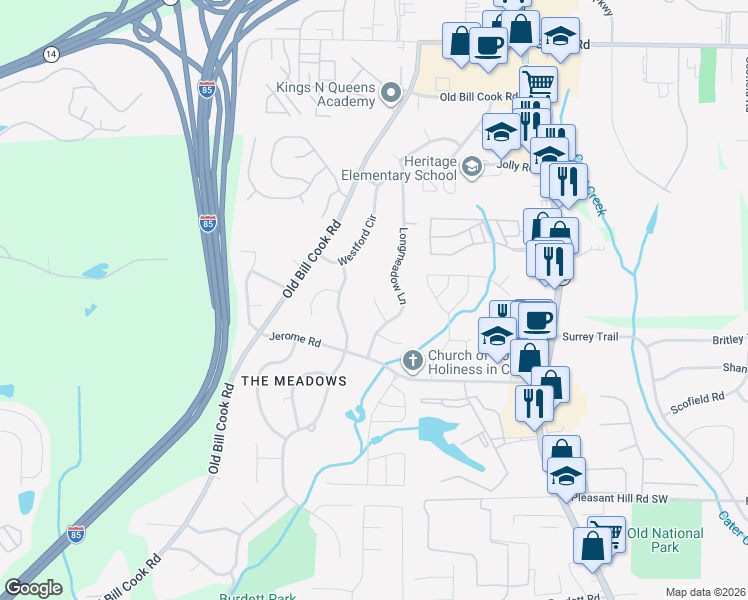 map of restaurants, bars, coffee shops, grocery stores, and more near 5435 Winstead Court Southwest in Atlanta