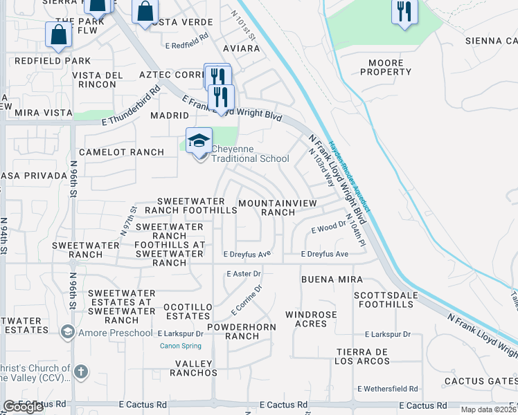 map of restaurants, bars, coffee shops, grocery stores, and more near 13372 North 101st Way in Scottsdale