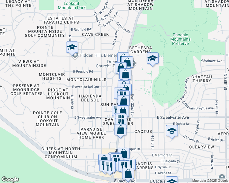 map of restaurants, bars, coffee shops, grocery stores, and more near 13244 North 21st Place in Phoenix
