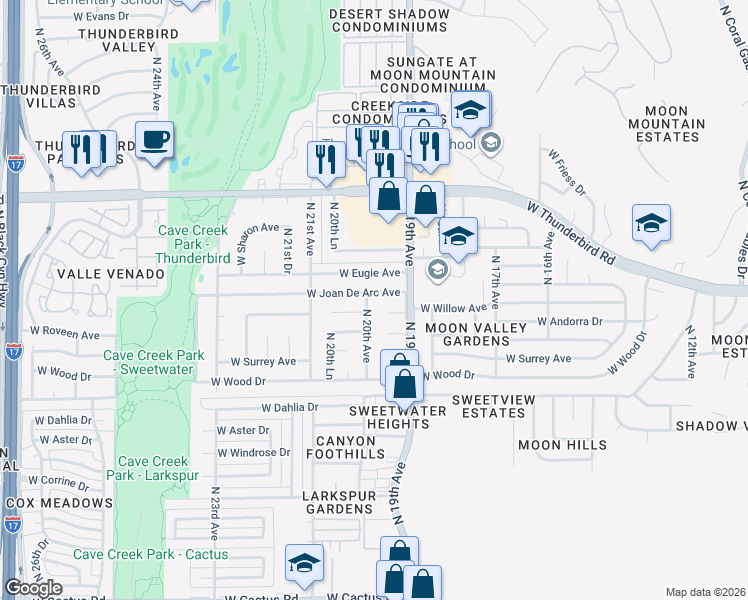 map of restaurants, bars, coffee shops, grocery stores, and more near 1930 West Joan De Arc Avenue in Phoenix
