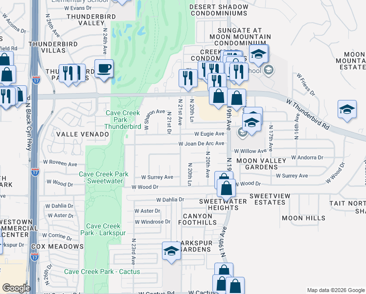 map of restaurants, bars, coffee shops, grocery stores, and more near 2102 West Joan De Arc Avenue in Phoenix