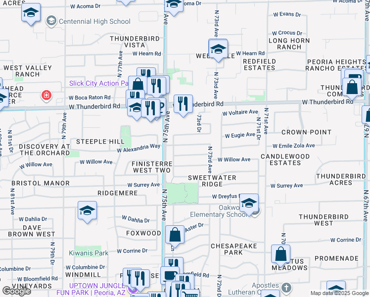 map of restaurants, bars, coffee shops, grocery stores, and more near 7352 West Emile Zola Avenue in Peoria