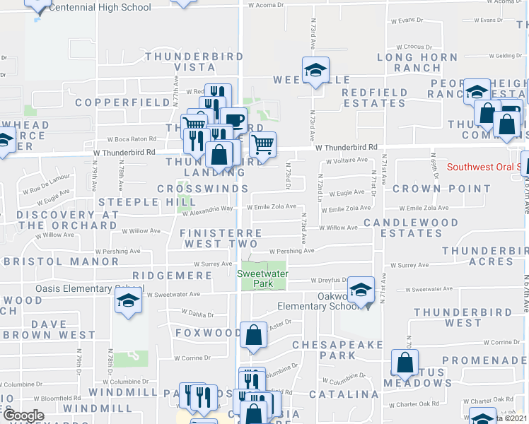 map of restaurants, bars, coffee shops, grocery stores, and more near 7352 West Emile Zola Avenue in Peoria