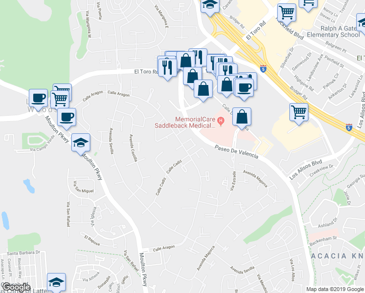 map of restaurants, bars, coffee shops, grocery stores, and more near 38 Calle Aragon in Laguna Woods