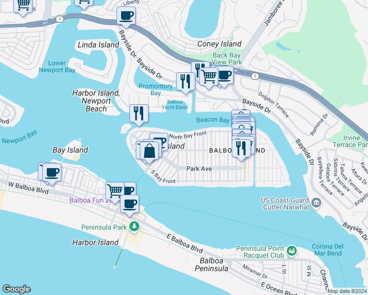 map of restaurants, bars, coffee shops, grocery stores, and more near 310 Collins Avenue in Newport Beach