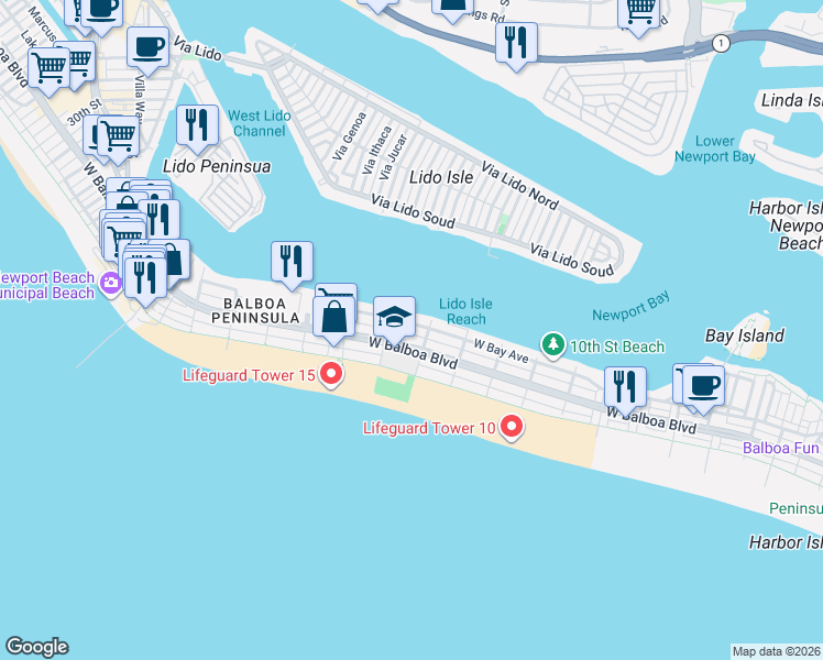 map of restaurants, bars, coffee shops, grocery stores, and more near 1324 West Bay Avenue in Newport Beach