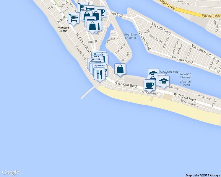 map of restaurants, bars, coffee shops, grocery stores, and more near 1909 Court Street in Newport Beach