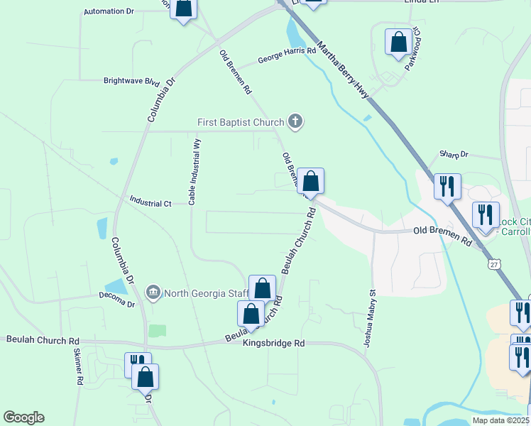 map of restaurants, bars, coffee shops, grocery stores, and more near 75 Terry Terrace in Carrollton