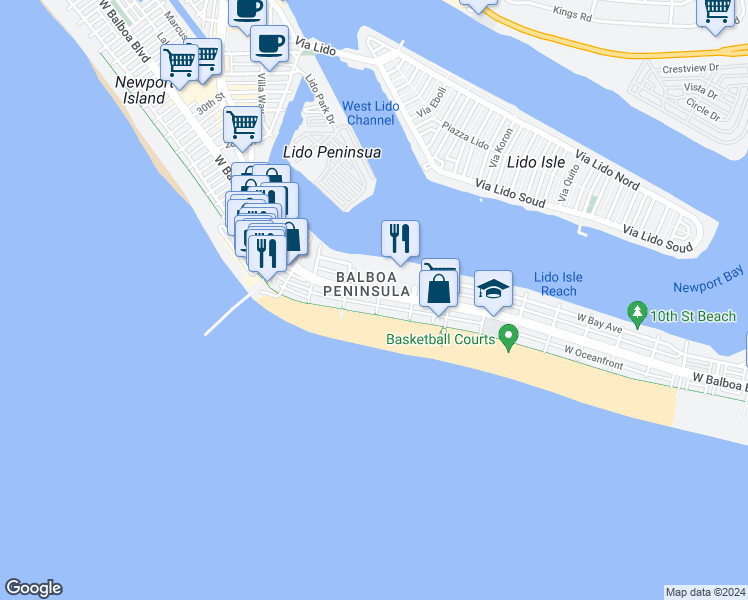 map of restaurants, bars, coffee shops, grocery stores, and more near 1701 West Balboa Boulevard in Newport Beach