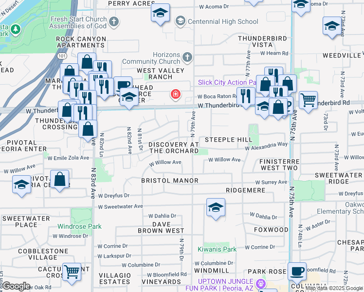 map of restaurants, bars, coffee shops, grocery stores, and more near 7977 West Wacker Road in Peoria